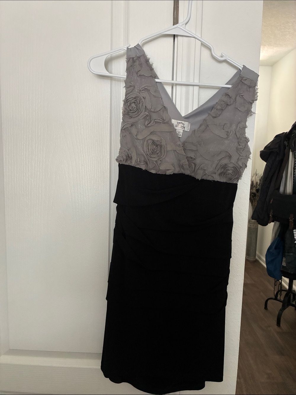 Sweet Storm Gray Rosette Bodice Black Midi Dress